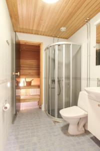 een badkamer met een douche, een toilet en een wastafel bij City Apartment Satamantupa in Kuopio