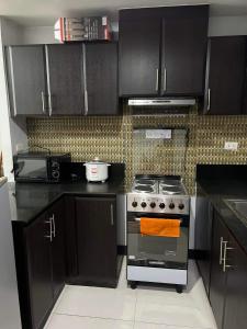 a kitchen with black cabinets and a stove at Spacious 3BR Manhattan Parkview Tower 2 in Manila