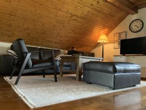 EDEN Apartment في Sveta Nedjelja: غرفة معيشة مع طاولة وكرسي ومكتب