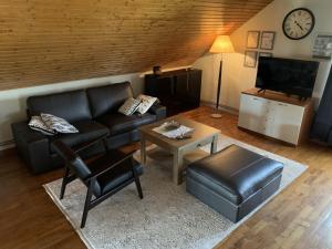 a living room with a leather couch and a table at EDEN Apartment in Sveta Nedjelja