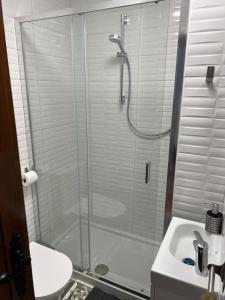 a bathroom with a shower and a toilet and a sink at El Camison Apartment in Playa de las Americas +34 photos