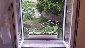 a window with a pot of flowers in a garden at Studio Apartment Kala in Split