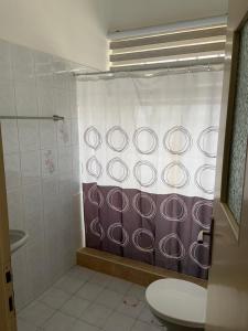 a bathroom with a shower with a shower curtain at Downtown Apartment in Bayt Sāḩūr