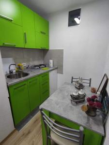 a kitchen with green cabinets and a counter top at Maya's Apartments in Kruševo