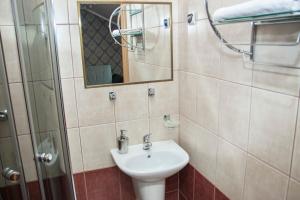 a bathroom with a sink and a mirror at VENA Noclegi Restauracja Sala Bankietowa in Malanów