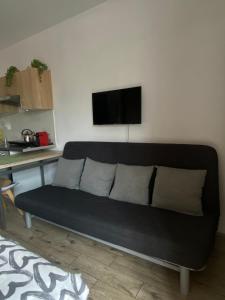 eine schwarze Couch im Wohnzimmer in der Unterkunft Wczasowa 3 in Warschau