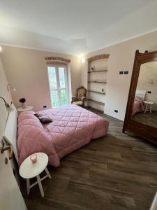 a bedroom with a large pink bed and a mirror at FONTANA’S HOUSE RELAX 13A in Valbravenna