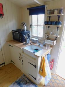 a small kitchen with a sink and a microwave at annes hatch hut in Shottermill