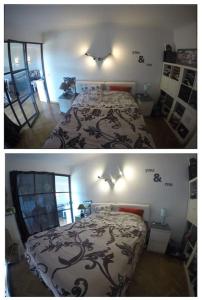 twee foto's van een slaapkamer met een bed erin bij Appartement climatisé avec piscines proche mer in Mandelieu-la-Napoule