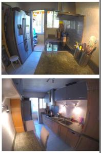 twee foto's van een keuken met een wastafel en een kamer bij Appartement climatisé avec piscines proche mer in Mandelieu-la-Napoule