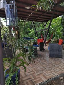 een patio met stoelen en planten op een houten vloer bij Salamandra Costa Rica in Jiménez
