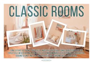 a magazine advertisement for classic rooms with photos in white frames at Ancóramare in Stintino