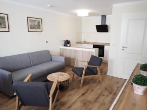 un salon avec un canapé, une table et des chaises dans l'établissement Karlbacher Domizil Ferienwohnungen, à Großkarlbach 73 autres photos