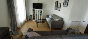 ein Wohnzimmer mit Sofa und Tisch in der Unterkunft Grande maison avec grande piscine in Pont-Saint-Esprit