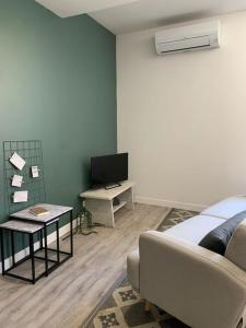 a living room with a couch and a tv at Appartement cœur de village Numéro2 in Peyriac-de-Mer