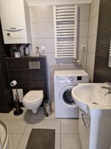 uma casa de banho com uma máquina de lavar roupa e um lavatório em Apartament PRZYBUDÓWKA em Katowice