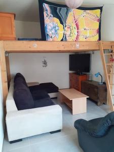 ein Wohnzimmer mit einem Etagenbett und einem Sofa in der Unterkunft Maison de village - grand jardin in Saint-Quentin-la-Poterie