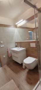 een badkamer met een toilet en een wastafel bij Nový apartmán v klidu Jizerek in Smržovka