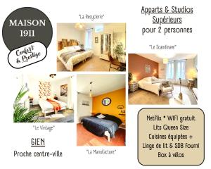 un collage de cuatro fotos de una habitación en Appart LE SCANDINAVE - Maison 1911 - confort & prestige en Gien