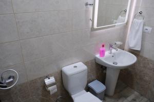 a bathroom with a white toilet and a sink at As e vogël, As e madhe in Ersekë