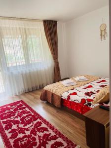 a bedroom with a bed and a red rug at Pensiunea Cheile Șugăului in Bicaz Chei