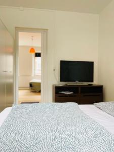 a bedroom with a bed and a flat screen tv at Scandinavian Apartment Hotel -Lunden 2- Central 2 room apartment in Horsens