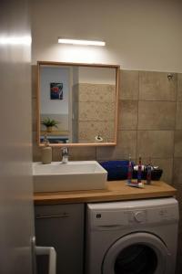 a bathroom with a sink and a washing machine at Helikon 31 Apartman Keszthely in Keszthely