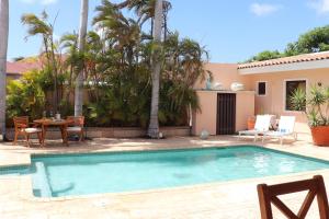 uma piscina em frente a uma casa com palmeiras em Bubali Villa em Palm-Eagle Beach