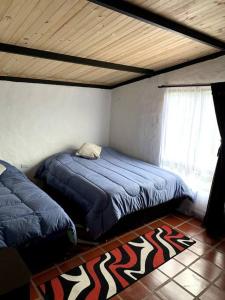 a bedroom with two beds and a window and a rug at Cabaña en la montaña de 3 Habitaciones in Sutatausa