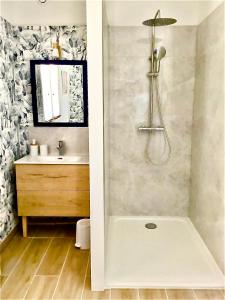 een badkamer met een douche en een wastafel bij VUE LAC LODGES in Sévrier