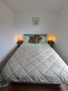 a bed with a cat laying on top of it at Pond Beach Oak residence 