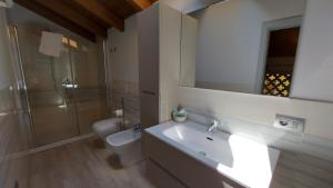 een badkamer met een wastafel, een toilet en een spiegel bij B&B Santa Croce in Fanano