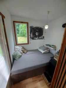 a small bed in a room with a window at Retreat în padure in Buchin