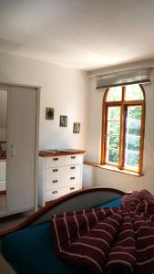 een slaapkamer met een bed, een dressoir en een raam bij Ferienwohnung Fuchsberge in Letschin