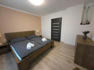 ein Schlafzimmer mit einem Bett mit zwei Handtüchern darauf in der Unterkunft Apartmán Andrea in Loučovice