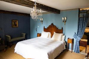 Un dormitorio con una gran cama blanca y una lámpara de araña. en Jan's place in Burgundy, en Écuelles