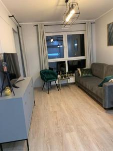 ein Wohnzimmer mit einem Sofa und einem Tisch in der Unterkunft Comfort18 in Bydgoszcz