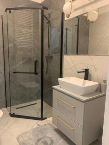 a bathroom with a glass shower and a sink at Comfort18 in Bydgoszcz