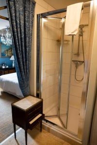 a bathroom with a shower with a stool next to a bed at Jan's place in Burgundy in Écuelles