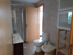 a bathroom with a toilet and a sink and a shower at Casas do Penedo Lajão - Casa das Cerejas in Paredes de Coura