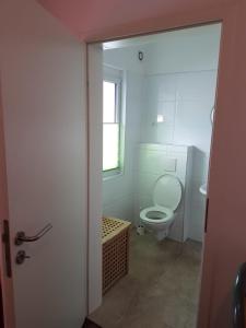 a bathroom with a white toilet and a window at ByTy 3 in Gransee