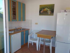 a kitchen with a sink and a table and a refrigerator at House Marko in Selce