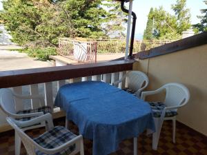 a table and chairs on a balcony with a blue table cloth at House Marko in Selce