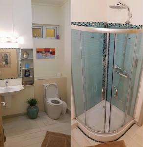 2 fotografías de un baño con ducha y aseo en Paradya Beach Apartments, en Flic en Flac