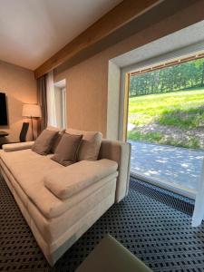 a bedroom with a large bed and a large window at Rezidence Alpina in Špindlerův Mlýn