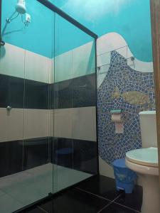 a bathroom with a glass shower with a toilet at Pousada Encontro de Rios in Lençóis