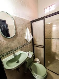 a bathroom with a green toilet and a sink at Melao Hostel Campestre y Vivero in Palmira