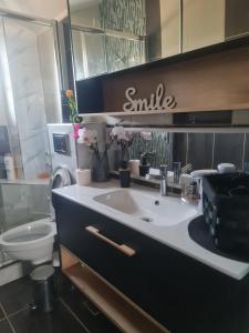 un baño con lavabo e inodoro en Casa Ap Dayana, en Eforie Sud