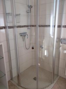 W łazience znajduje się prysznic ze szklanymi drzwiami. w obiekcie Ferienwohnung Jürges w mieście Northeim