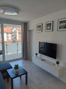 a living room with a flat screen tv on a wall at Apartament Baltic Garden Sztutowo in Sztutowo